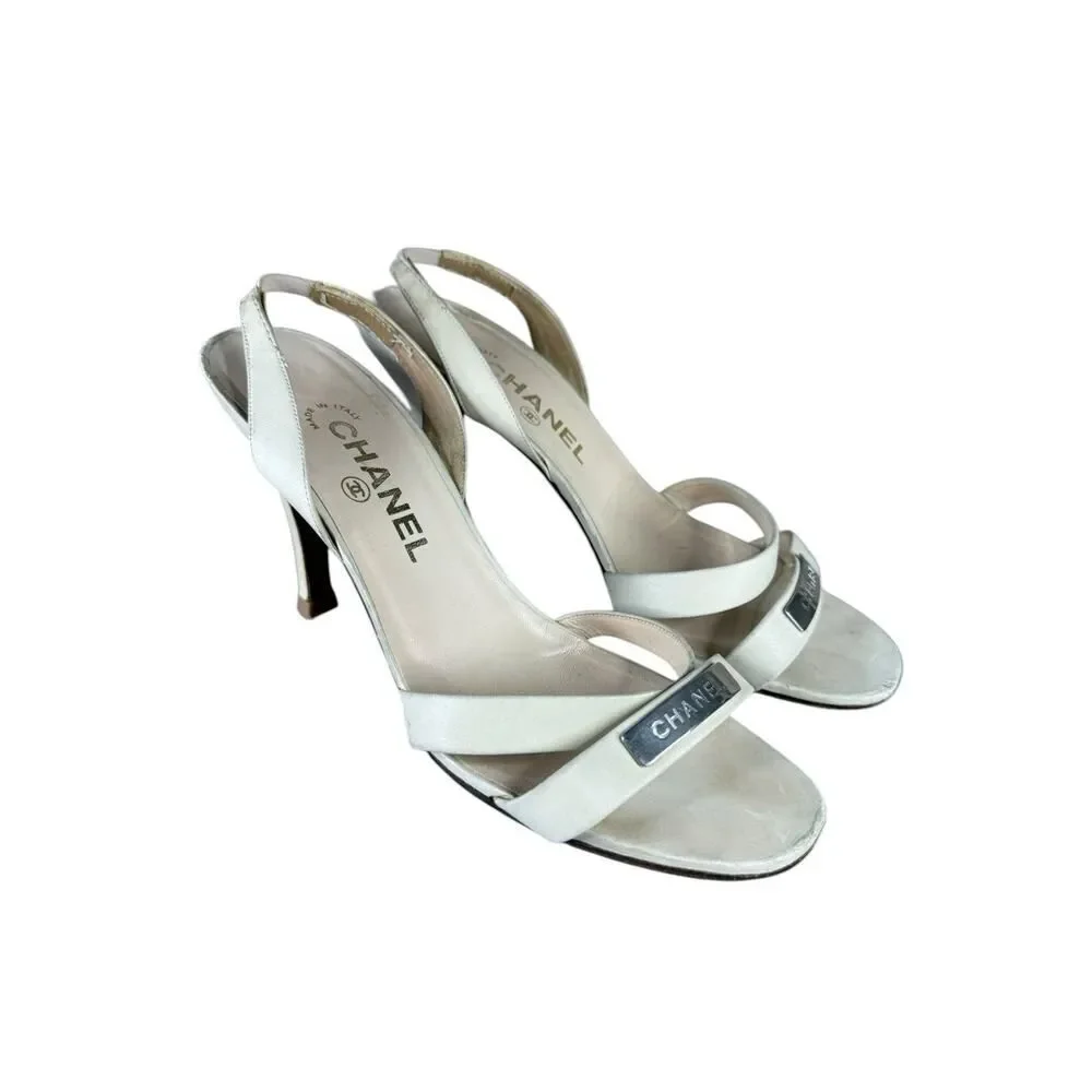 Chanel Ivory Leather Slingback Heels Logo Strap Sandals EU 39 US 8.5